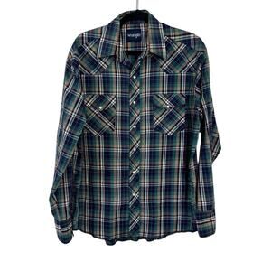 Wrangler Western Plaid Pearl Snap‎ Shirt Green Blue Cowboy Mens 16x36 Long